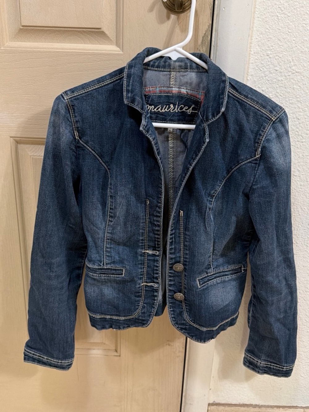 Maurices Distressed Blue Denim Blazer Jacket